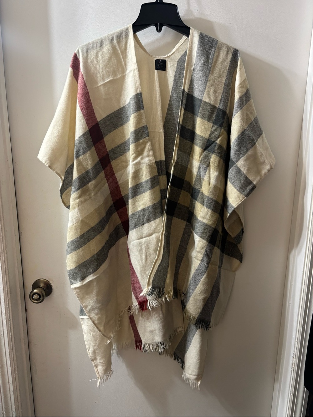 Fraas Cream Plaid Fringe Wrap with Gray and Red Stripes